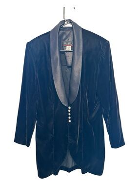 Vintage 80s/90s J.R. Noted Black Velvet Long Blazer with Satin Shawl Collar L